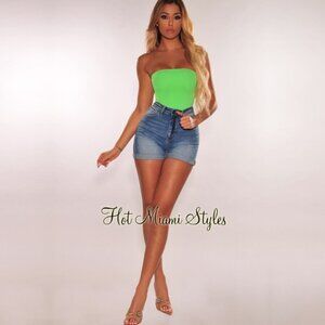 Cle Luv Neon Lime Strapless Thong Bodysuit Sz S